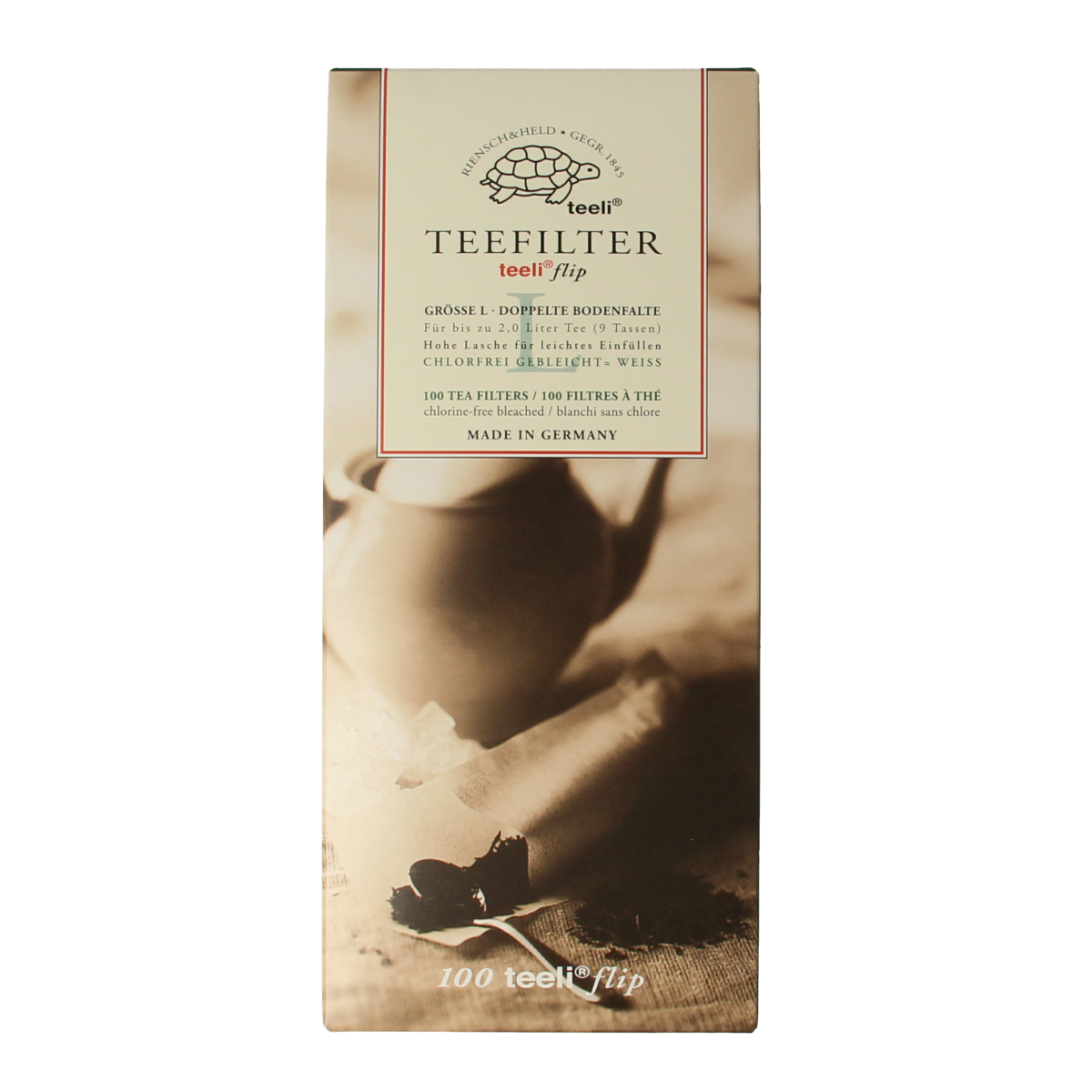 Teeli Theefilter L, 100 pieces, stainless steel tea filters for brewing, shown in a close-up image.