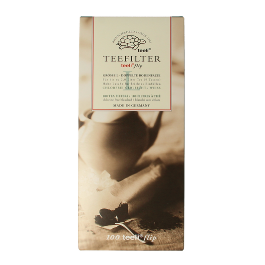 Teeli Theefilter L, 100 pieces, stainless steel tea filters for brewing, shown in a close-up image.