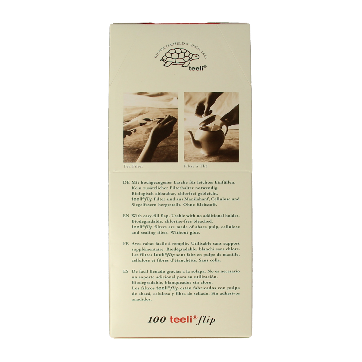 Teeli Theefilter L, a pack of 100 tea filters, designed for cooking and dining, shown in a close-up image.