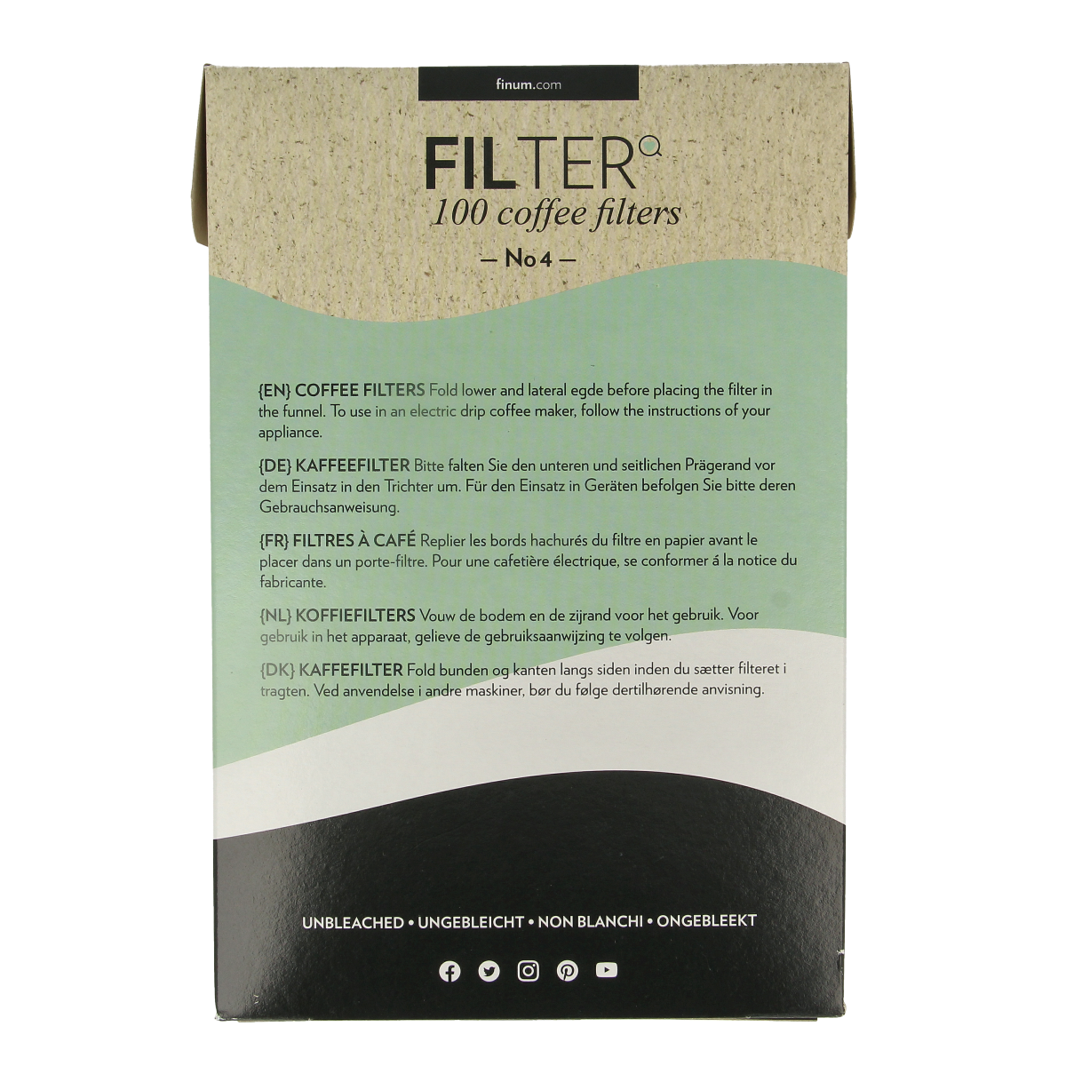 Finum No. 4 coffee filters for brewing, stacked in a box, made for tea and coffee preparation, featuring the Finum brand.