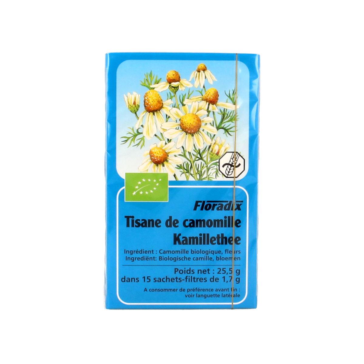 Organic Salus Kamille tea in a box of 15 tea bags, featuring chamomile flowers and natural herbal infusion.