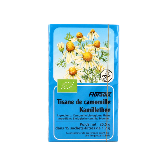 Organic Salus Kamille tea in a box of 15 tea bags, featuring chamomile flowers and natural herbal infusion.