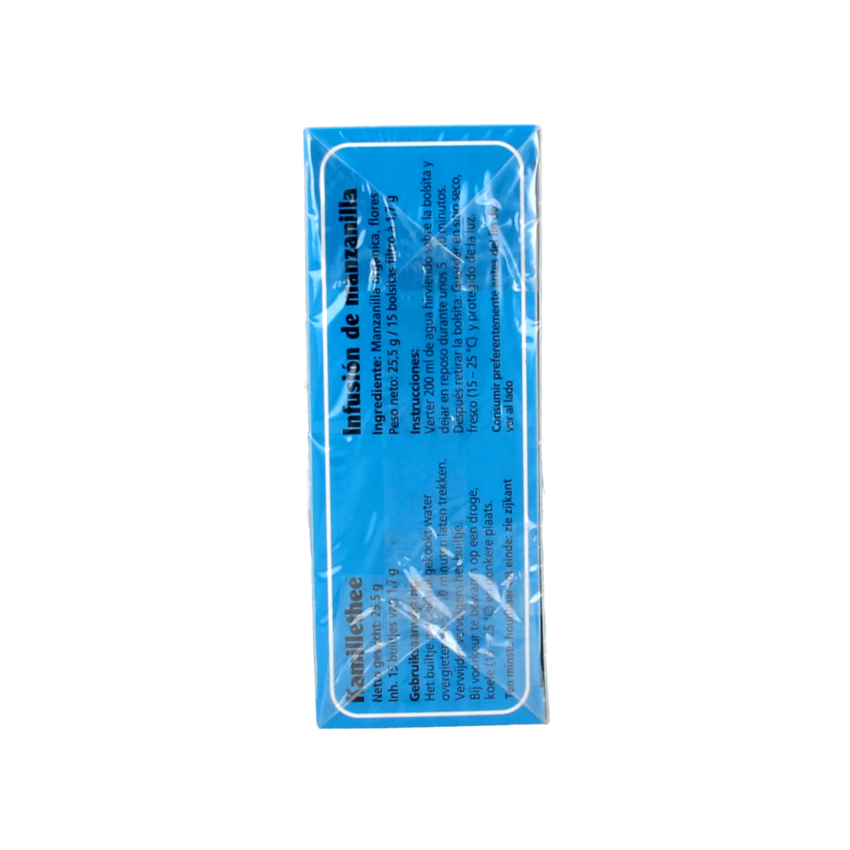 Salus organic chamomile tea bags, 15-count, in a box with chamomile flowers and tea bags visible.