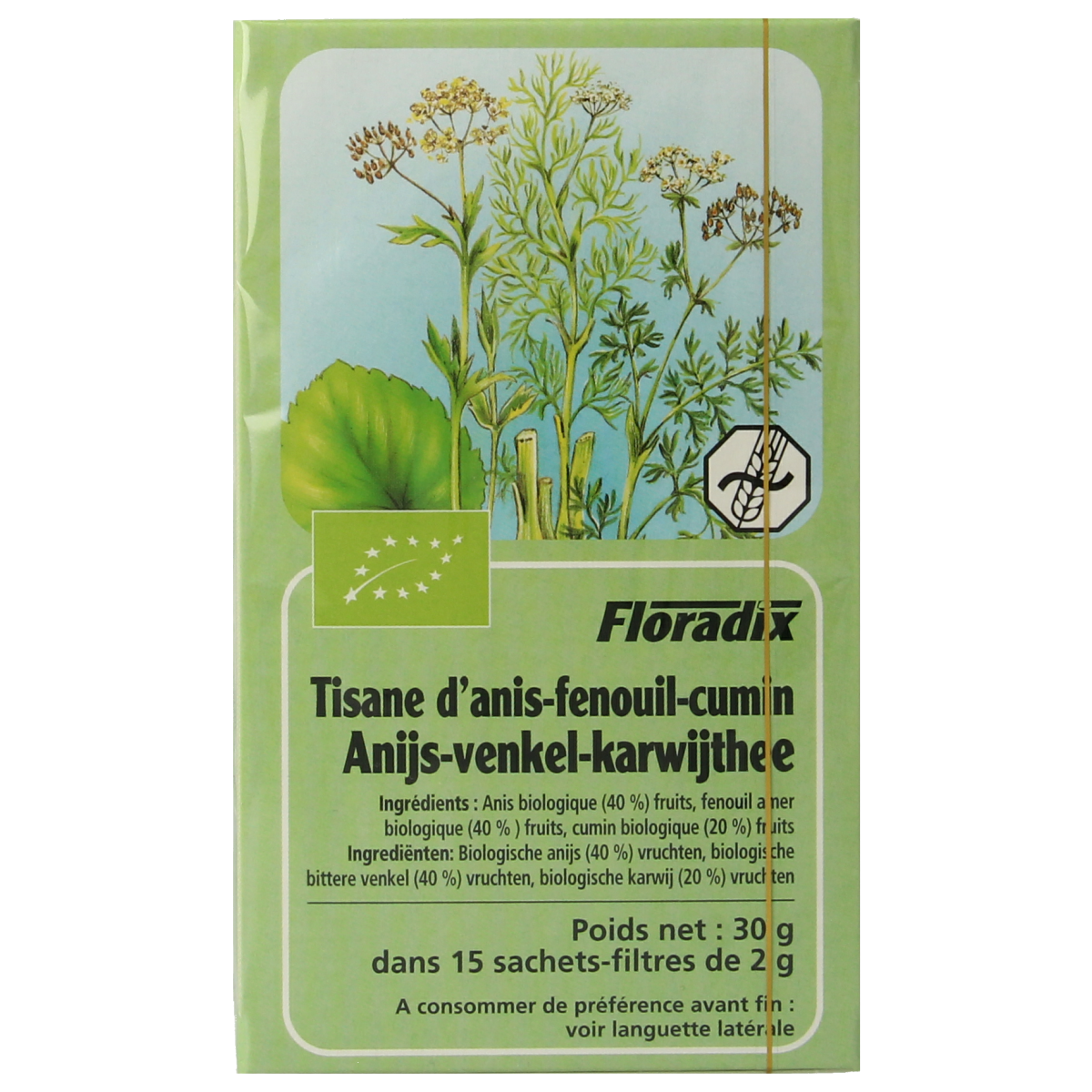 Salus Anijs venkel karwij biologische thee in 15 tea bags, featuring a herbal blend of anise, fennel, and cumin.