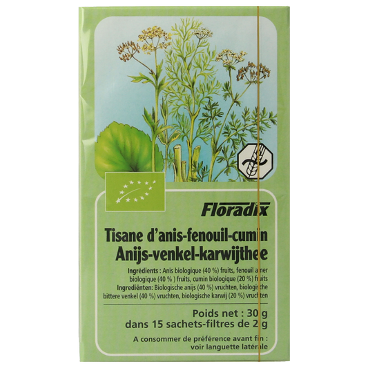 Salus Anijs venkel karwij biologische thee in 15 tea bags, featuring a herbal blend of anise, fennel, and cumin.