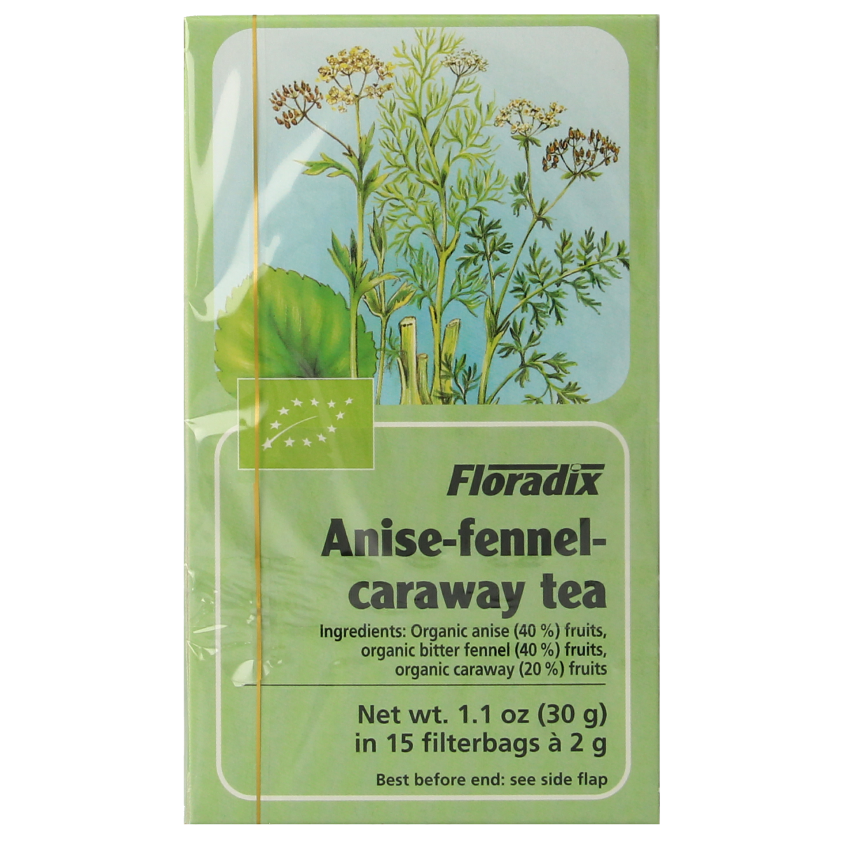Salus organic anise, fennel, and caraway tea in a box of 15 tea bags, showcasing the herbal blend and packaging.