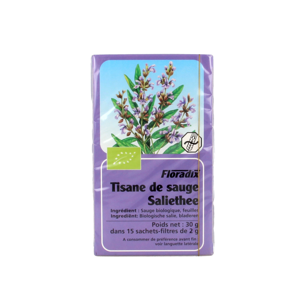 Box of Salus Salie thee bio tea bags with 15 packets, featuring herbal tea packaging with green and white design.