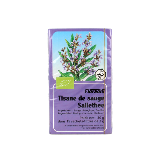 Box of Salus Salie thee bio tea bags with 15 packets, featuring herbal tea packaging with green and white design.