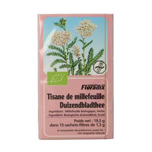 Salus Duizendblad bio tea in a 15-pack, showing herbal tea bags with dried duizendblad leaves and packaging.