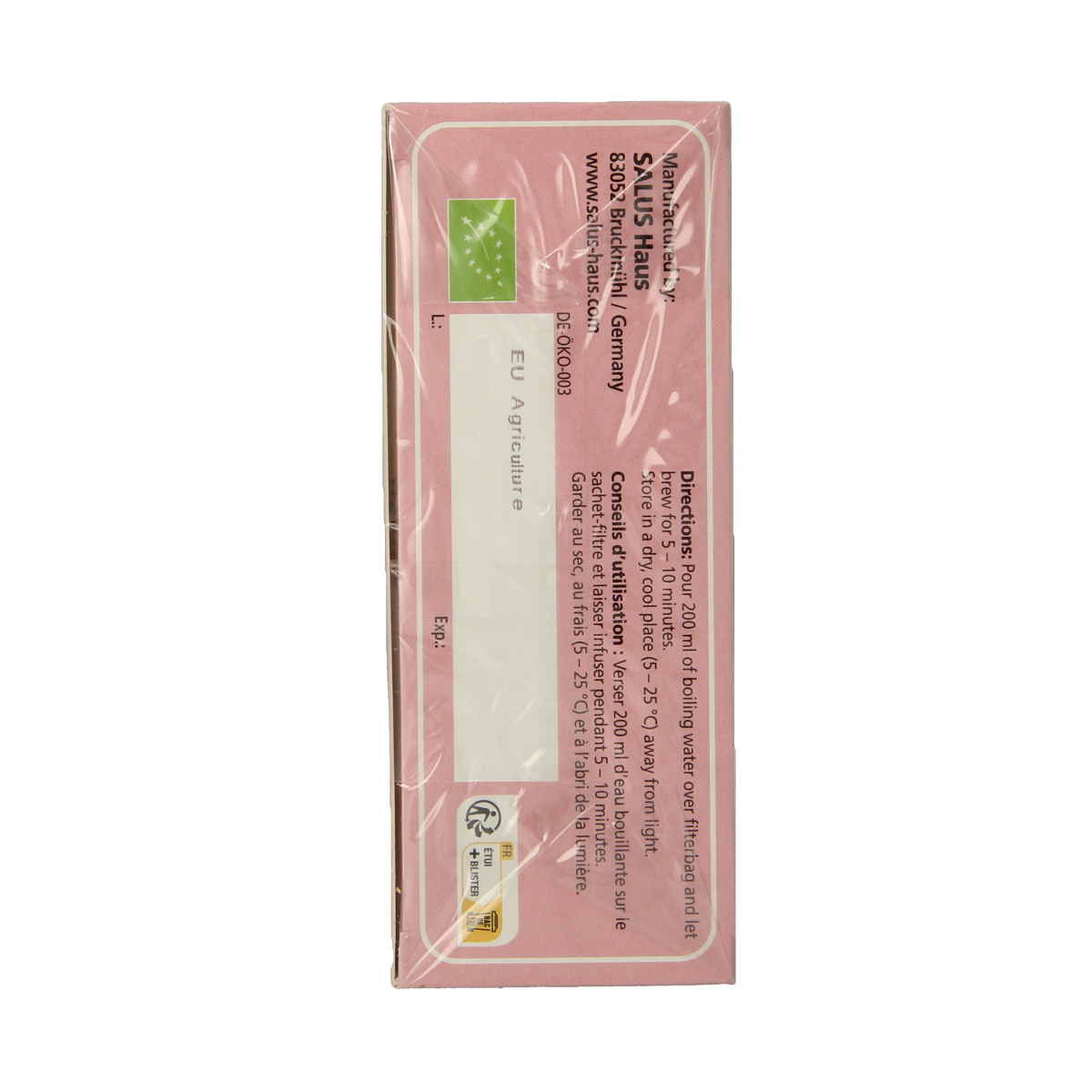 Salus Duizendblad bio thee in a 15-gram package, showing dried herbal tea leaves in a clear bag.