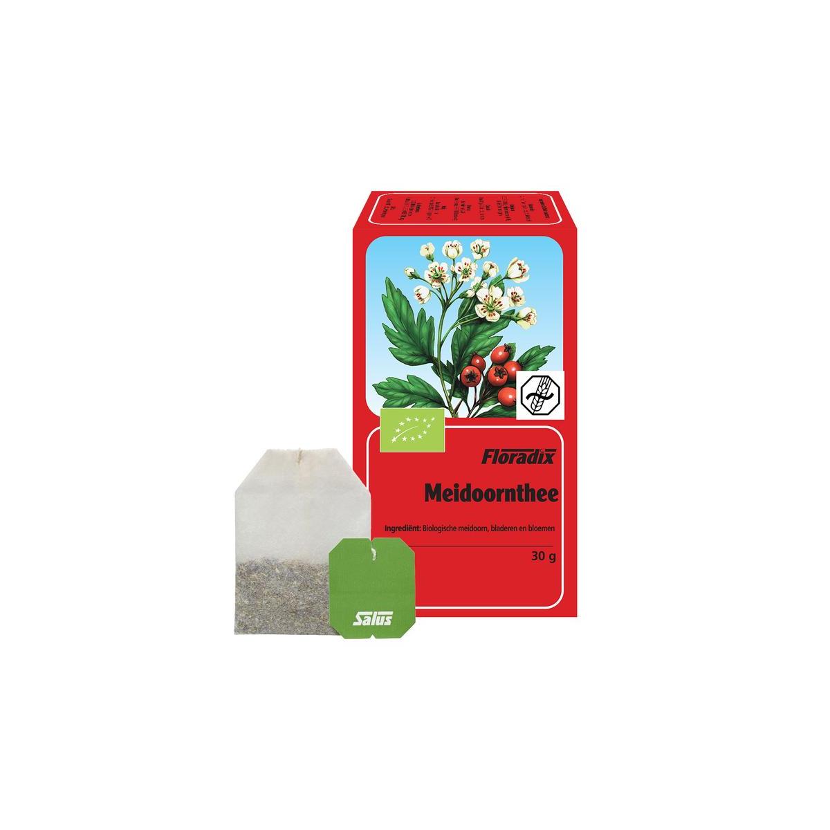 Salus Meidoorn thee bio, 15 tea bags, organic herbal tea with tea bag packaging and label visible in the image.