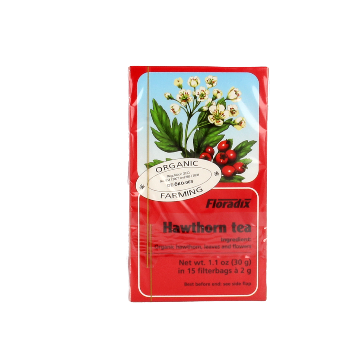 Organic Salus Meidoorn herbal tea in a 15-gram packet, showcasing the herbal tea leaves and packaging.