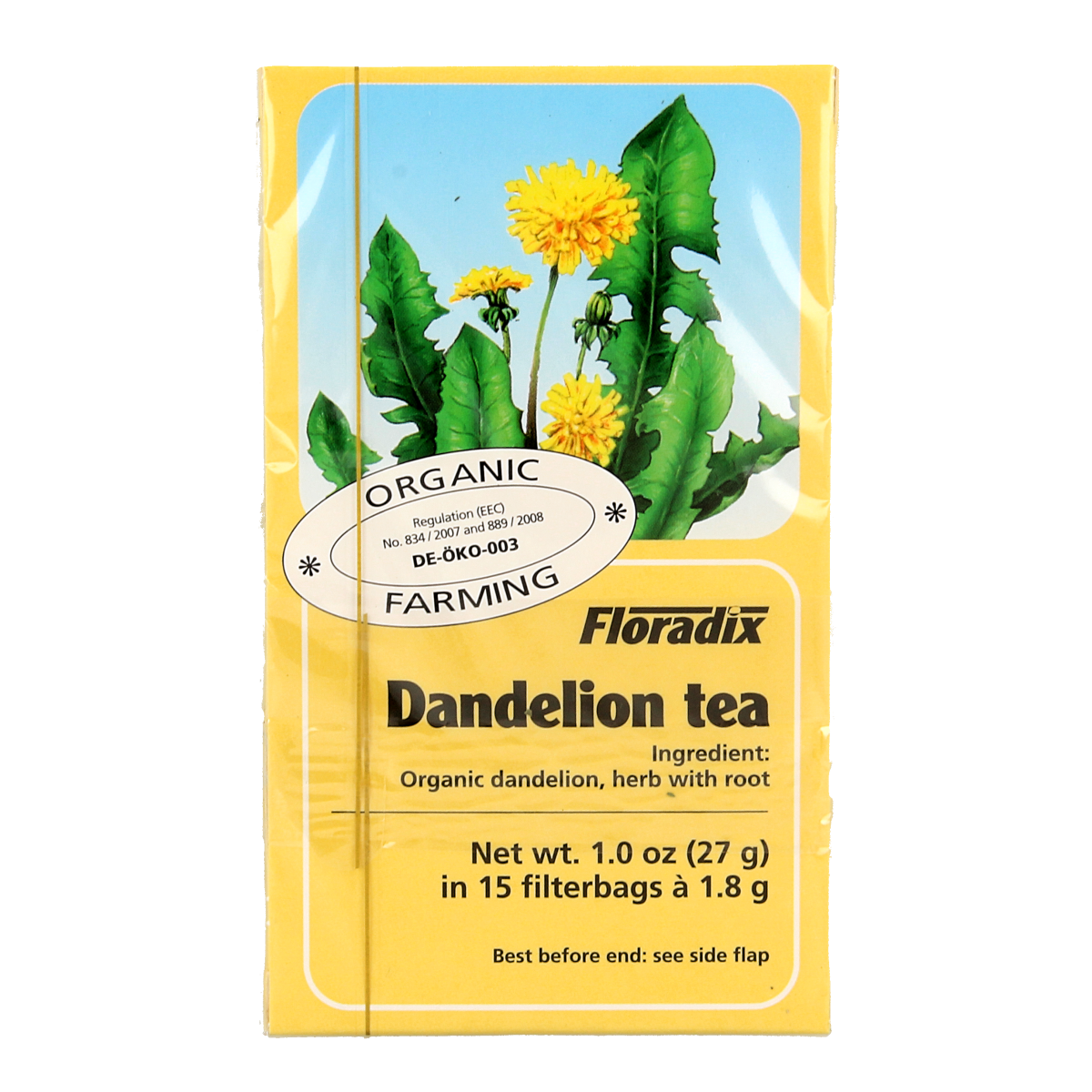 Organic Salus Dandelion Tea in a 15-pack, featuring natural dried dandelion flowers for herbal infusion.