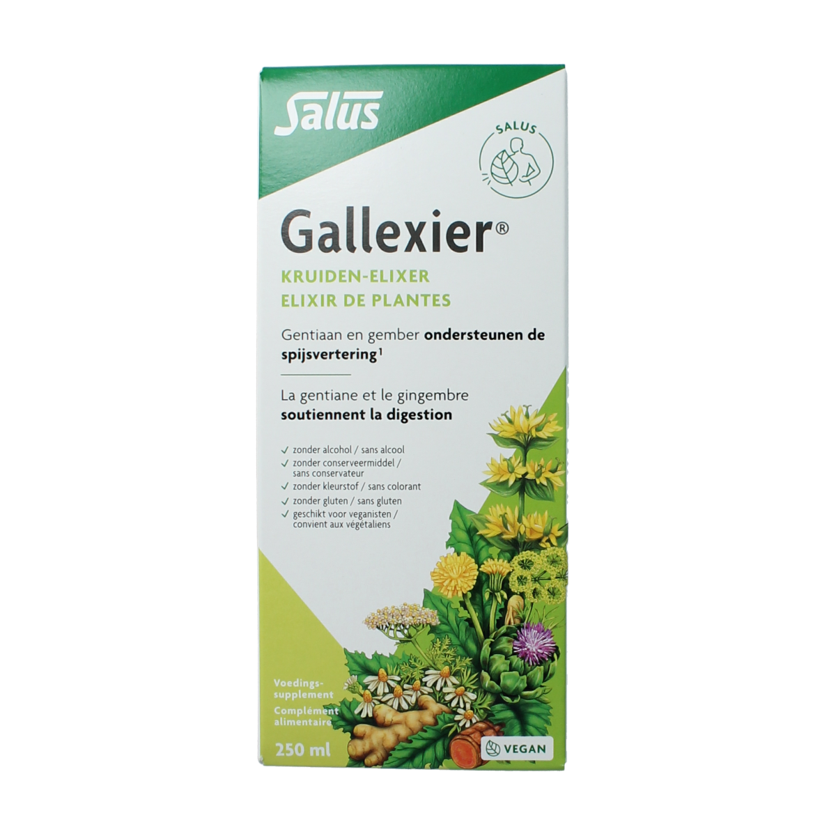 Salus Artisjok Gallexier herbal preparation bottle, 250ml, with herbal ingredients and label visible.