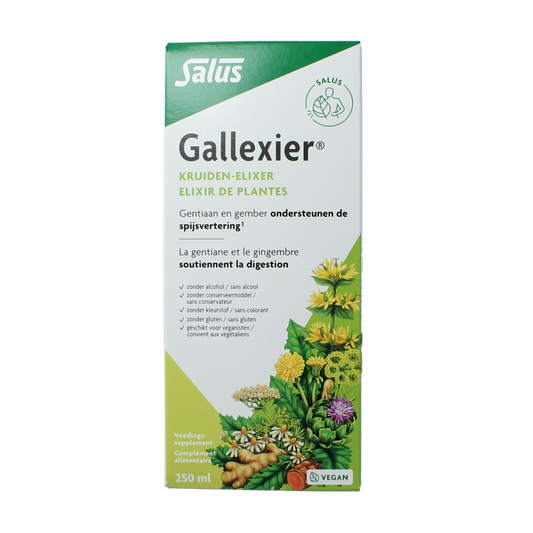Salus Artisjok Gallexier herbal preparation bottle, 250ml, with herbal ingredients and label visible.