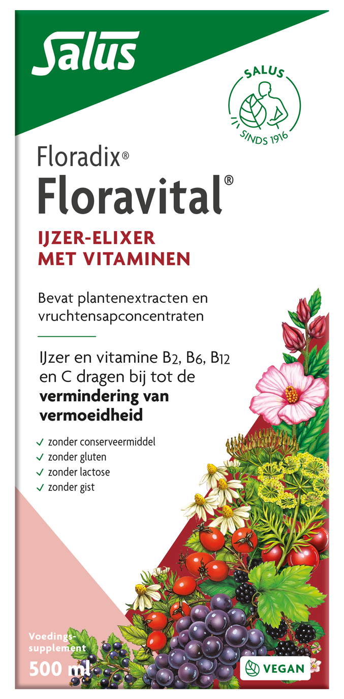 Salus Floradix Floravital multivitamin liquid in 500ml bottle, natural multivitamine supplement with herbal extracts.