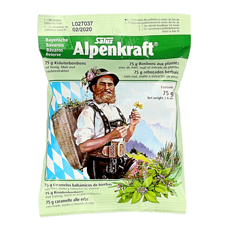 Salus Alpenkraft bonbons in 75g package, colorful snoepgoed with fruit and herbal flavors, displayed in a clear container.