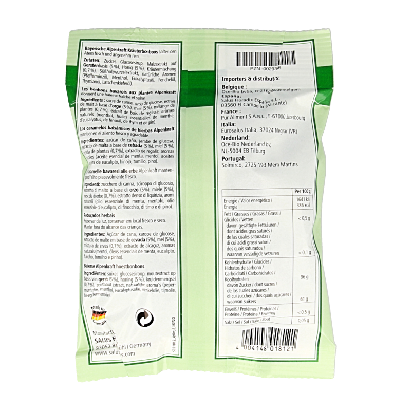 Salus Alpenkraft bonbons in 75g package, colorful snoepgoed with fruit and herbal flavors, designed for soothing and enjoyment.