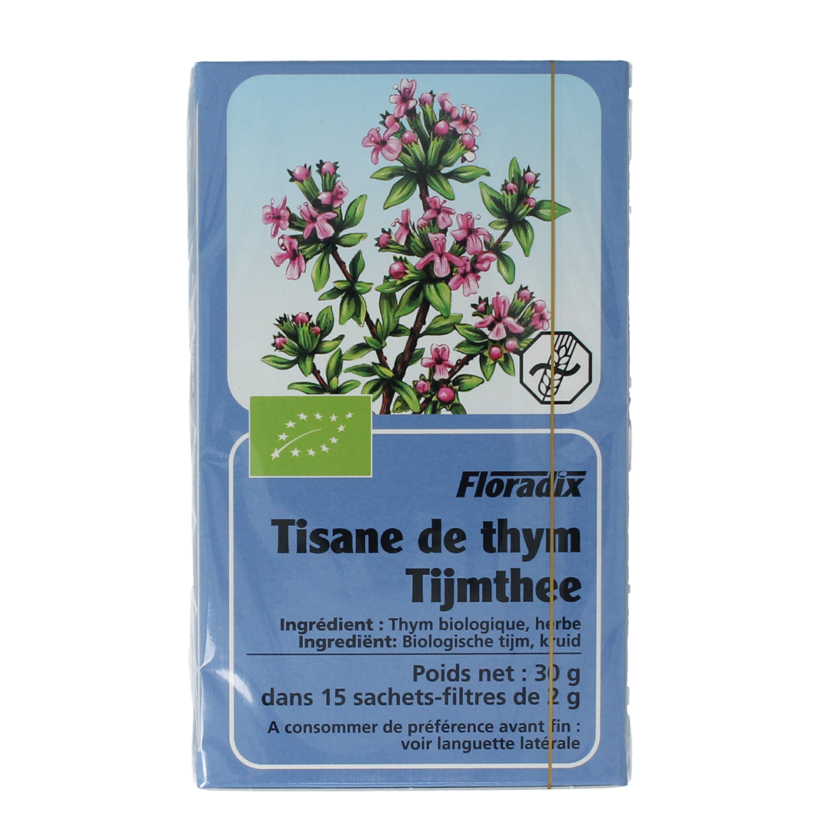Salus Thijm bio tea in a box with 15 tea bags, natural herbal infusion, fresh thyme flavor, product for tea lovers.