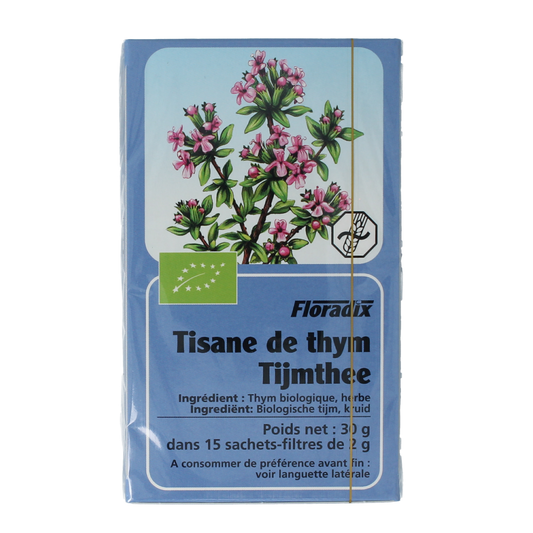 Salus Thijm bio tea in a box with 15 tea bags, natural herbal infusion, fresh thyme flavor, product for tea lovers.