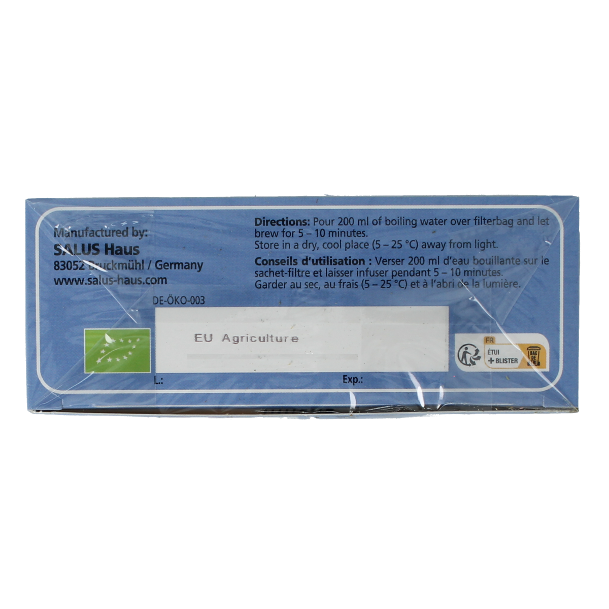 Organic Salus Thijm tea in a box with 15 tea bags, showcasing the herbal tea packaging and fresh thyme leaves.