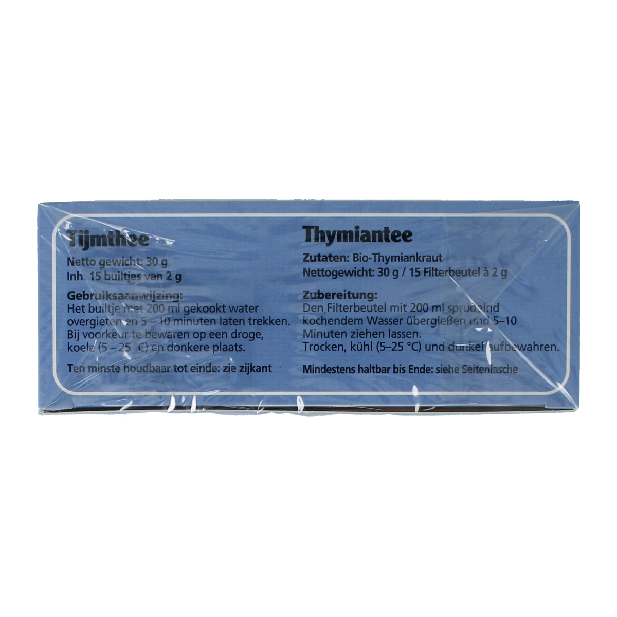 Organic Salus Thijm tea in a box with 15 tea bags, showcasing herbal tea packaging with thyme leaves and branding.