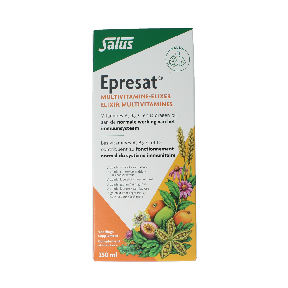 Salus Epresat multivitamin in 250ml bottle, showing the colorful label and packaging of the Salus vitamin multivitamin product.