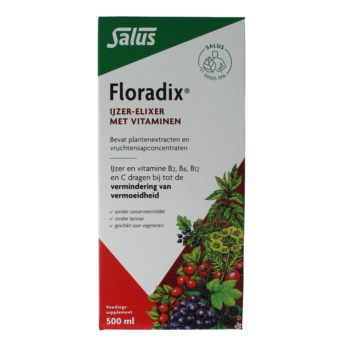 Salus Floradix iron elixir bottle, herbal supplement in 500ml container, featuring label with herbal ingredients and brand logo.