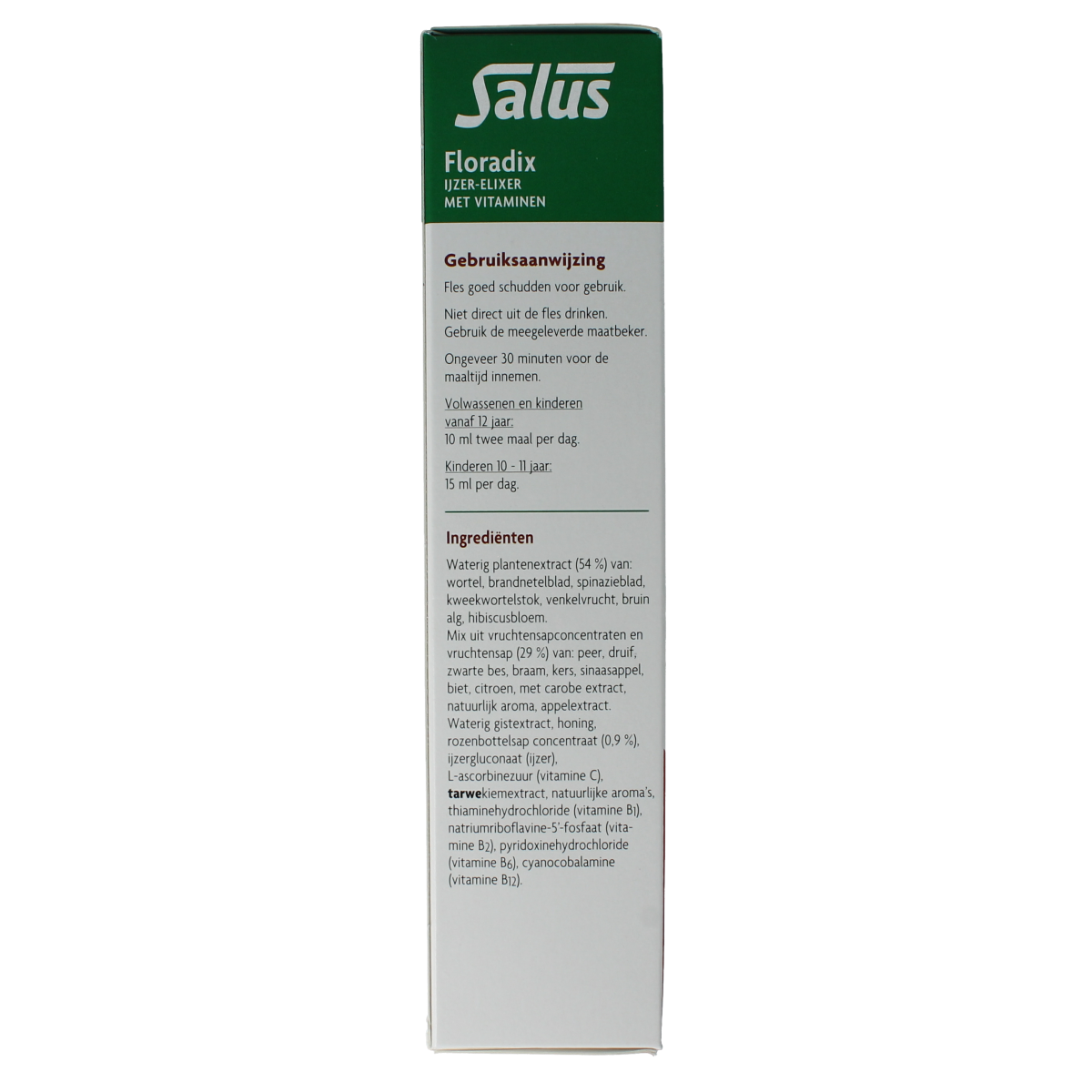 Salus Floradix iron elixir in 500ml bottle, herbal supplement for iron deficiency, with natural plant extracts and vitamins.