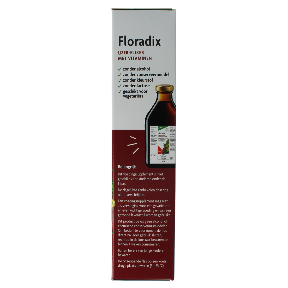 Salus Floradix iron elixir bottle, herbal supplement, 500ml, natural mineral and plant-based iron supplement in clear glass bottle
