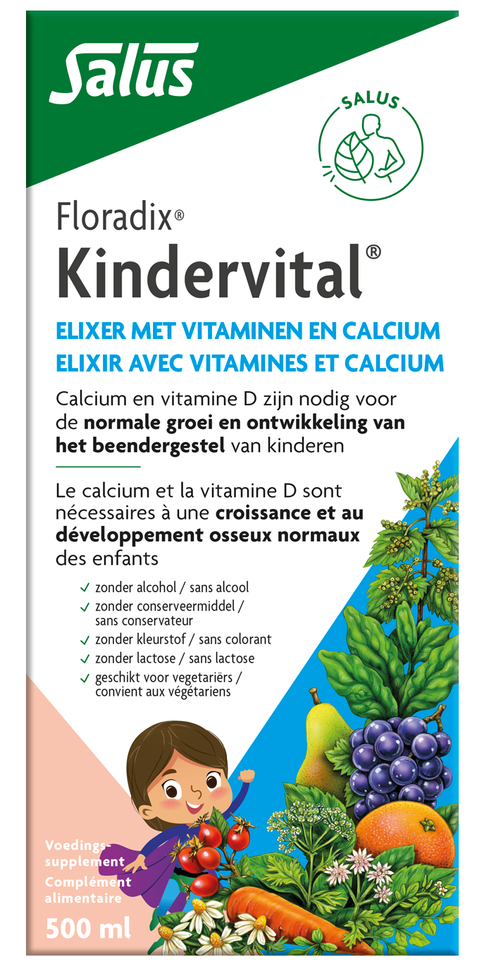 Salus Floradix Kindervital multivitamin supplement bottle with 500ml capacity, featuring colorful label and product details.