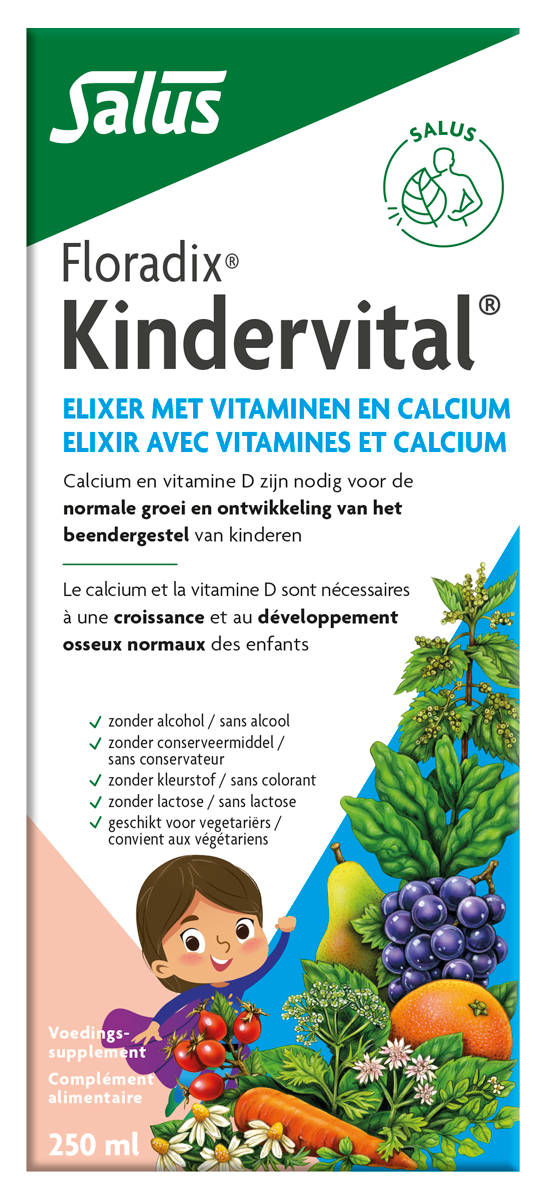 Salus Floradix Kindervital multivitamin liquid in 250ml bottle, colorful packaging with a child-friendly design.