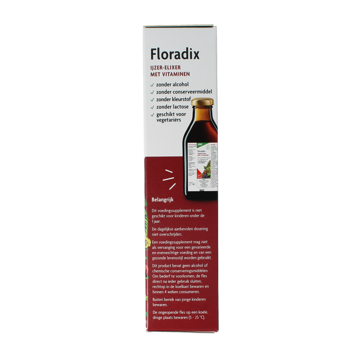 Salus Floradix Iron Elixir bottle, 250ml, herbal supplement in a transparent glass bottle with a dropper cap.