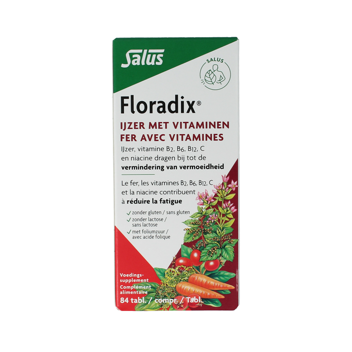 Salus Floradix iron tablets bottle with 84 tablets, natural multivitamin supplement with iron, in a white bottle with blue label