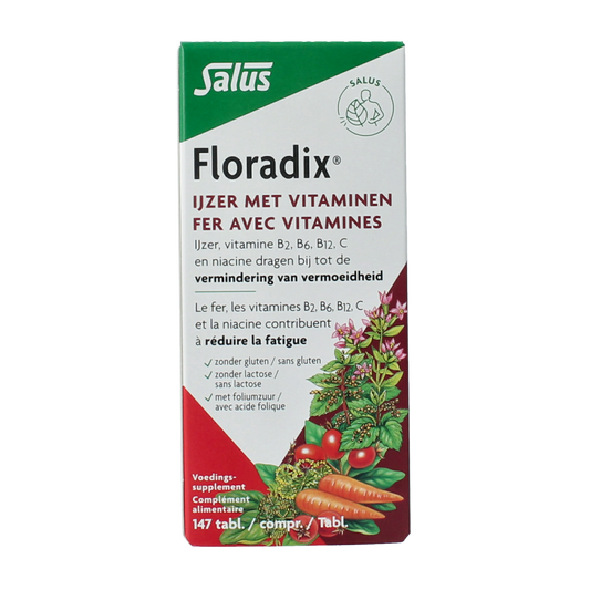 Salus Floradix Iron Tablets bottle with 147 multivitamin tablets, natural supplement for iron and vitamin support