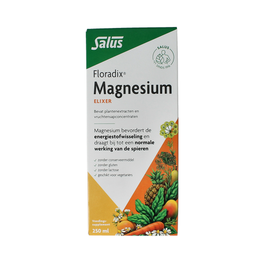 Salus Floradix magnesium mineral supplement bottle, 250ml, with label showing product details and brand logo.
