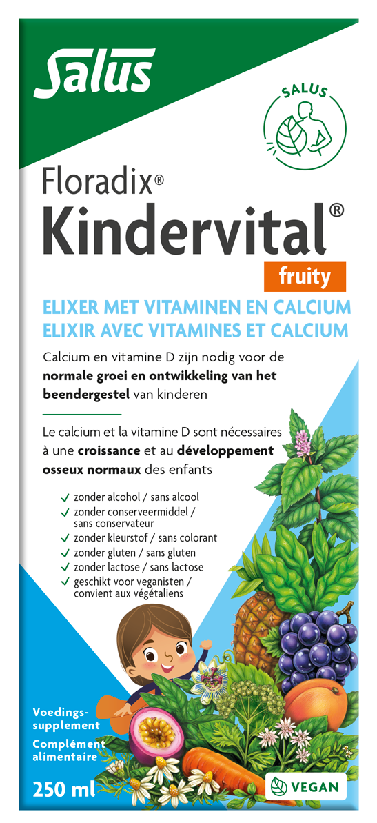 Salus Floradix Kindervital fruity gluten-free mineral multivitamin liquid in a 250ml bottle with colorful fruit illustrations.