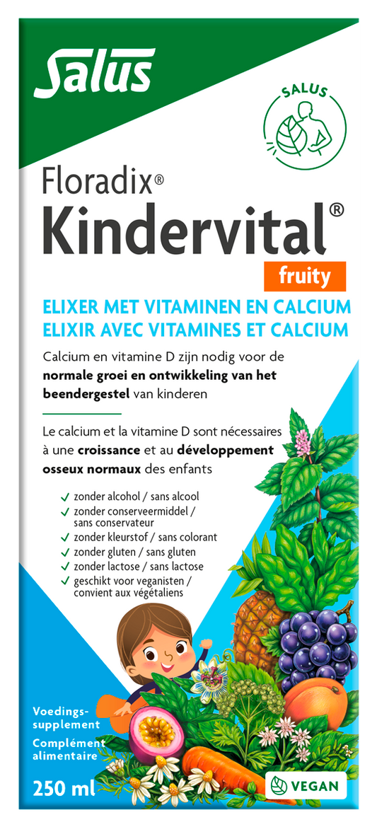 Salus Floradix Kindervital fruity gluten-free mineral multivitamin liquid in a 250ml bottle with colorful fruit illustrations.