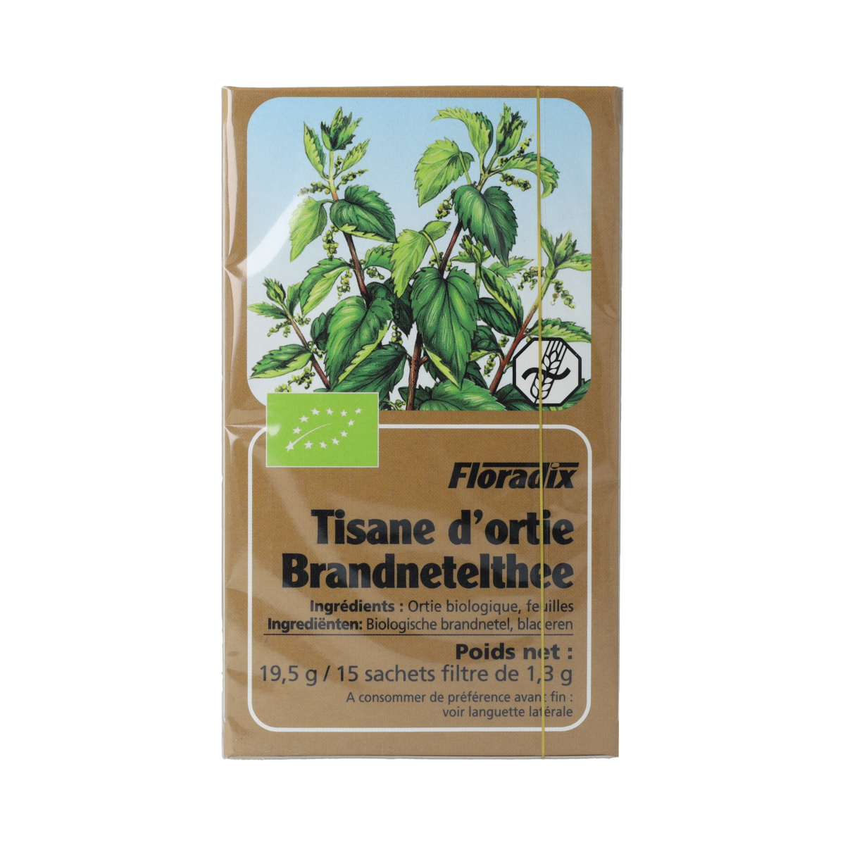Organic Salus Brandnetel thee in a box of 15 tea bags, featuring fresh herbal tea leaves and natural packaging.