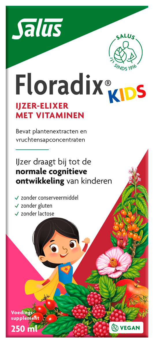Salus Floradix Kids herbal supplement bottle, 250ml, with colorful label and dropper for children’s herbal liquid remedy.