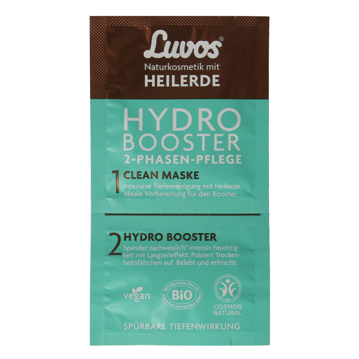 Luvos Hydro Booster 2-Phase Crememasker for face, 9.5 ml, hydrating bio skincare product with a gel and cream layer.