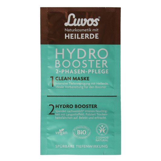 Luvos Hydro Booster 2-Phase Crememasker for face, 9.5 ml, hydrating bio skincare product with a gel and cream layer.