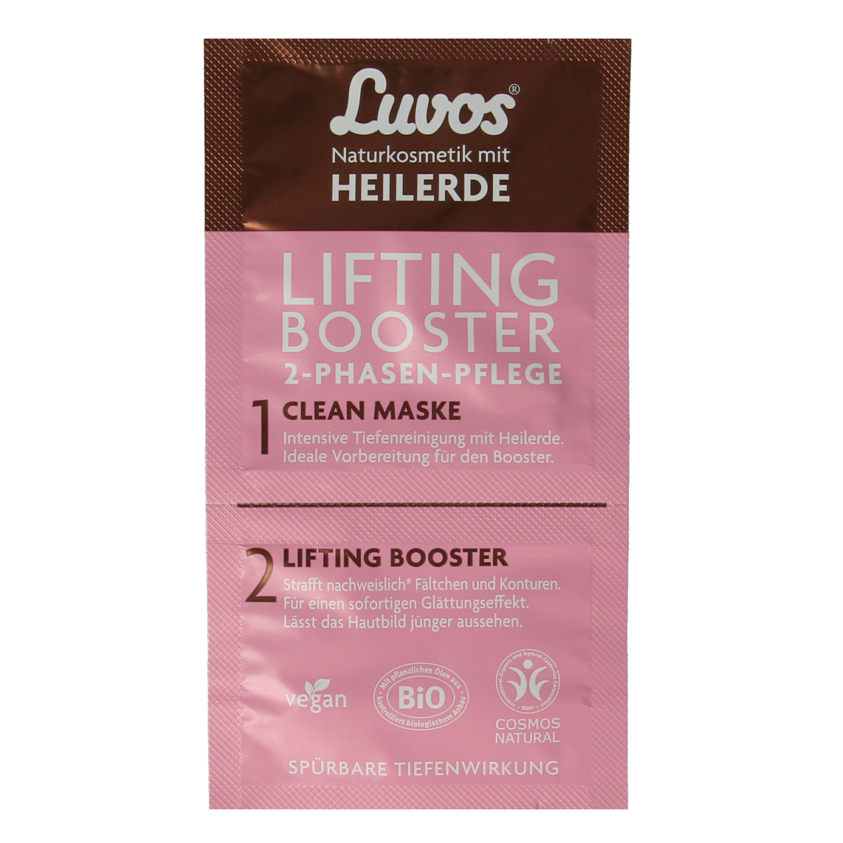 Luvos Crememasker lifting booster 2-fasen bio facial care product in a 9.5ml tube, designed to enhance skin firmness and radiance.