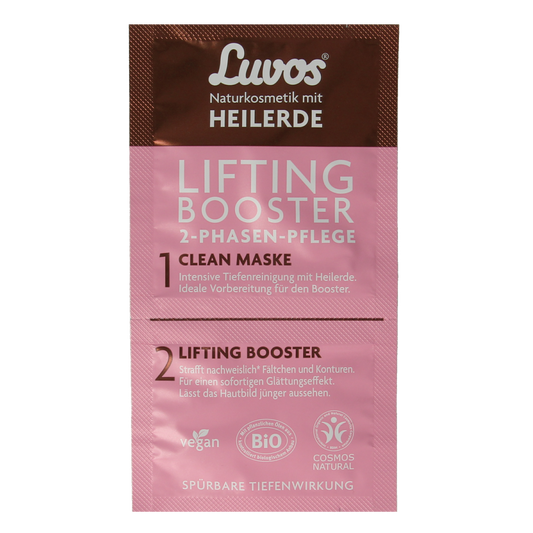 Luvos Crememasker lifting booster 2-fasen bio facial care product in a 9.5ml tube, designed to enhance skin firmness and radiance.