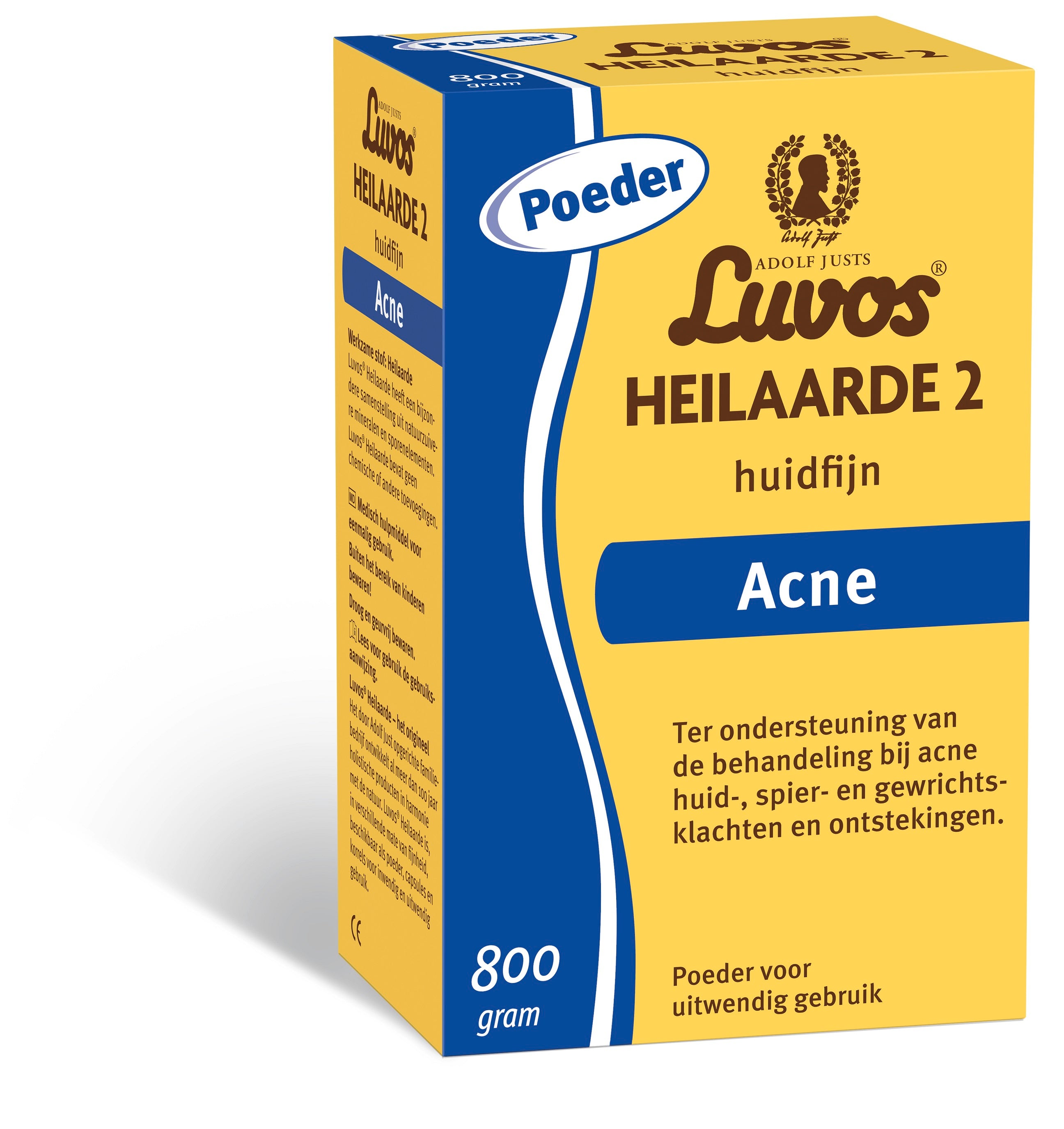 Luvos Heilaarde II huidfijn in 800g jar, natural healing clay for skin care, with a close-up of the product label.