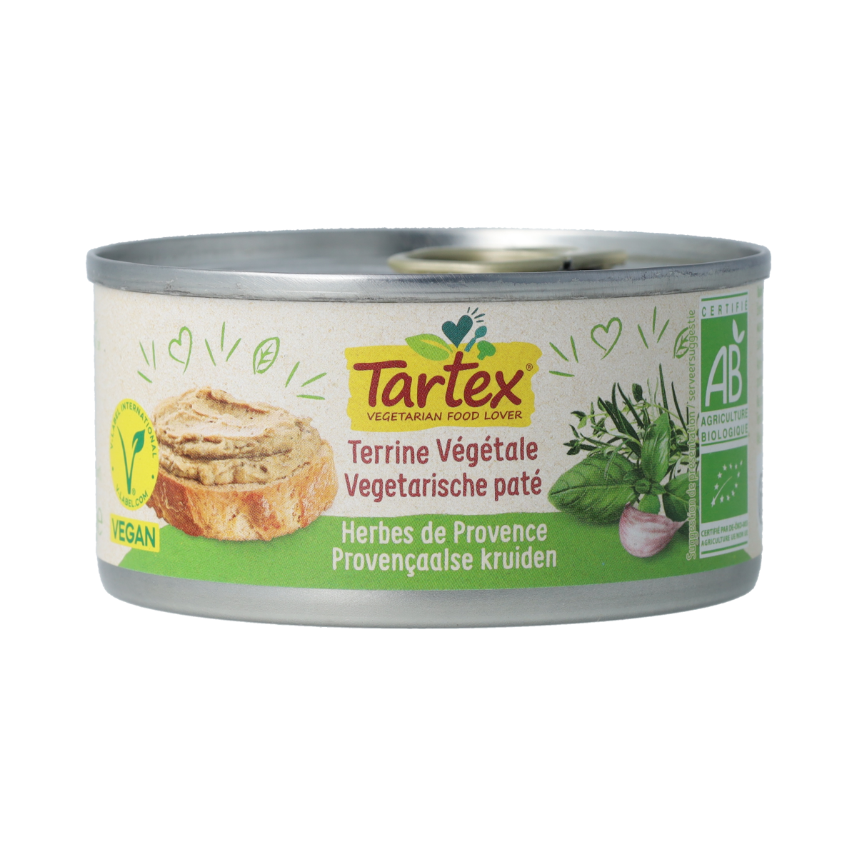 Tartex Provencal herbs organic pate spread on bread, 125g, natural vegetarian broodbeleg with herbal flavor.
