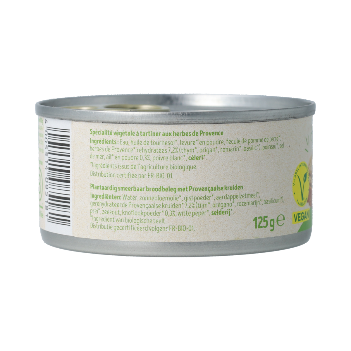 Tartex Pate Provençale Kruiden bio, 125g, a spreadable organic bread topping with herbs, in a jar.