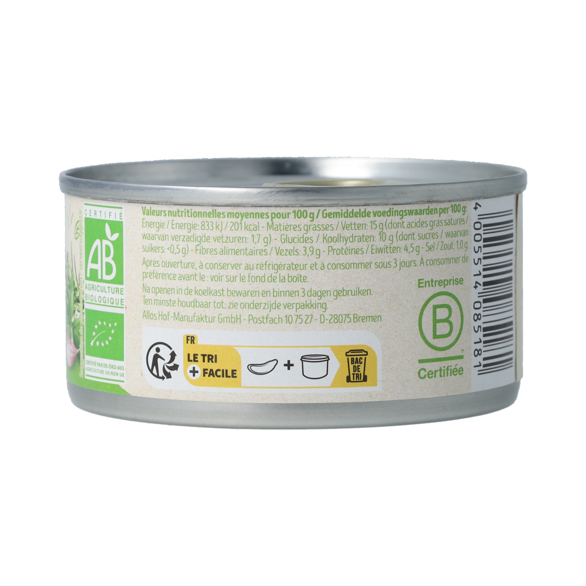 Tartex Provencal herbal organic pate spread on bread, 125g, with visible herbs and smooth texture.
