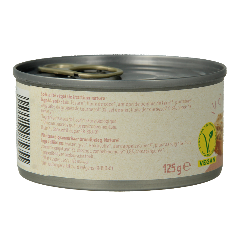 Tartex naturel bio pate spread on bread, 125g, organic vegetarian broodbeleg with a smooth, creamy texture.