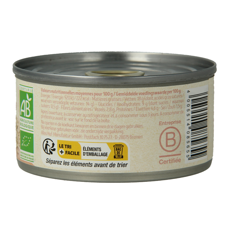 Tartex bio natural pate spread on bread, 125 grams, vegan broodbeleg with fresh herbal ingredients.